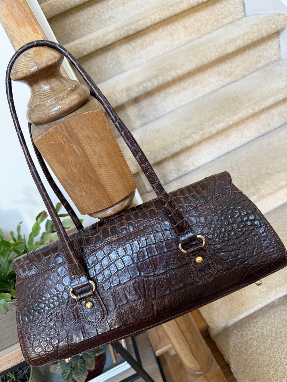 Brahmin Dark Brown Croc-Embossed Shoulder Bag with Gold Hardware - Picture 2 of 7